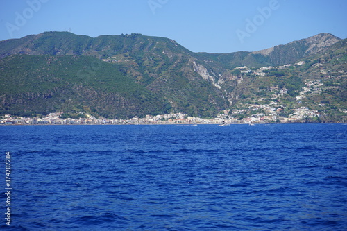 Panoramic view of Lipari Island seen from the sea, Aeolian Islands (Sicily, Italy) 