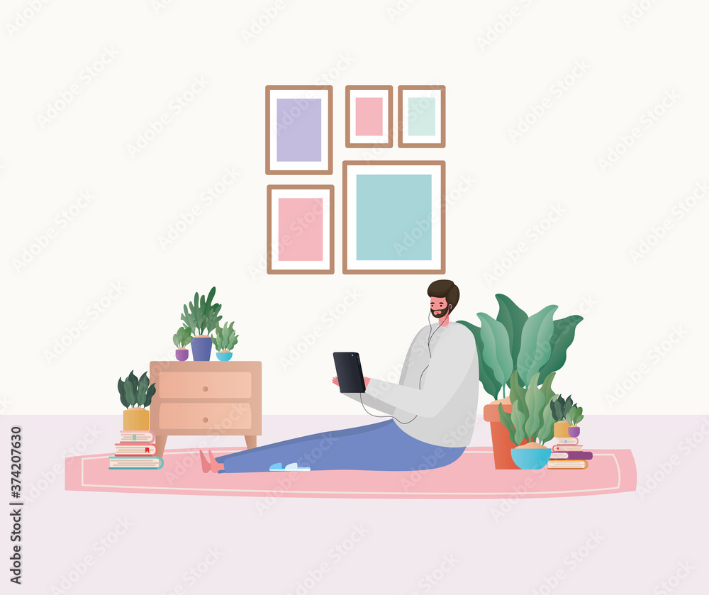 Fototapeta premium Man with tablet working on carpet design of Work from home theme Vector illustration