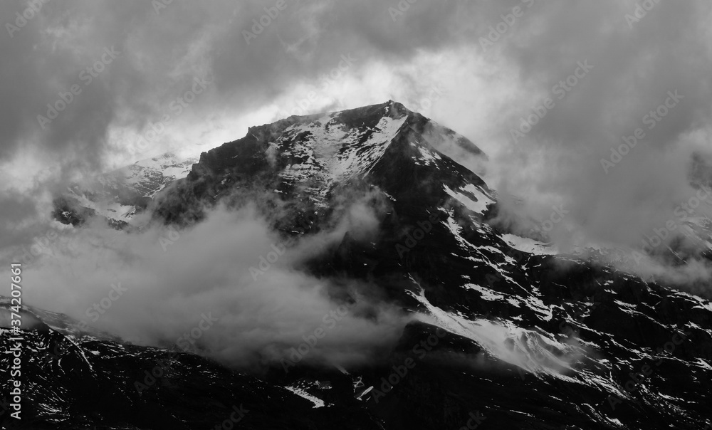 black and white alpine scenery