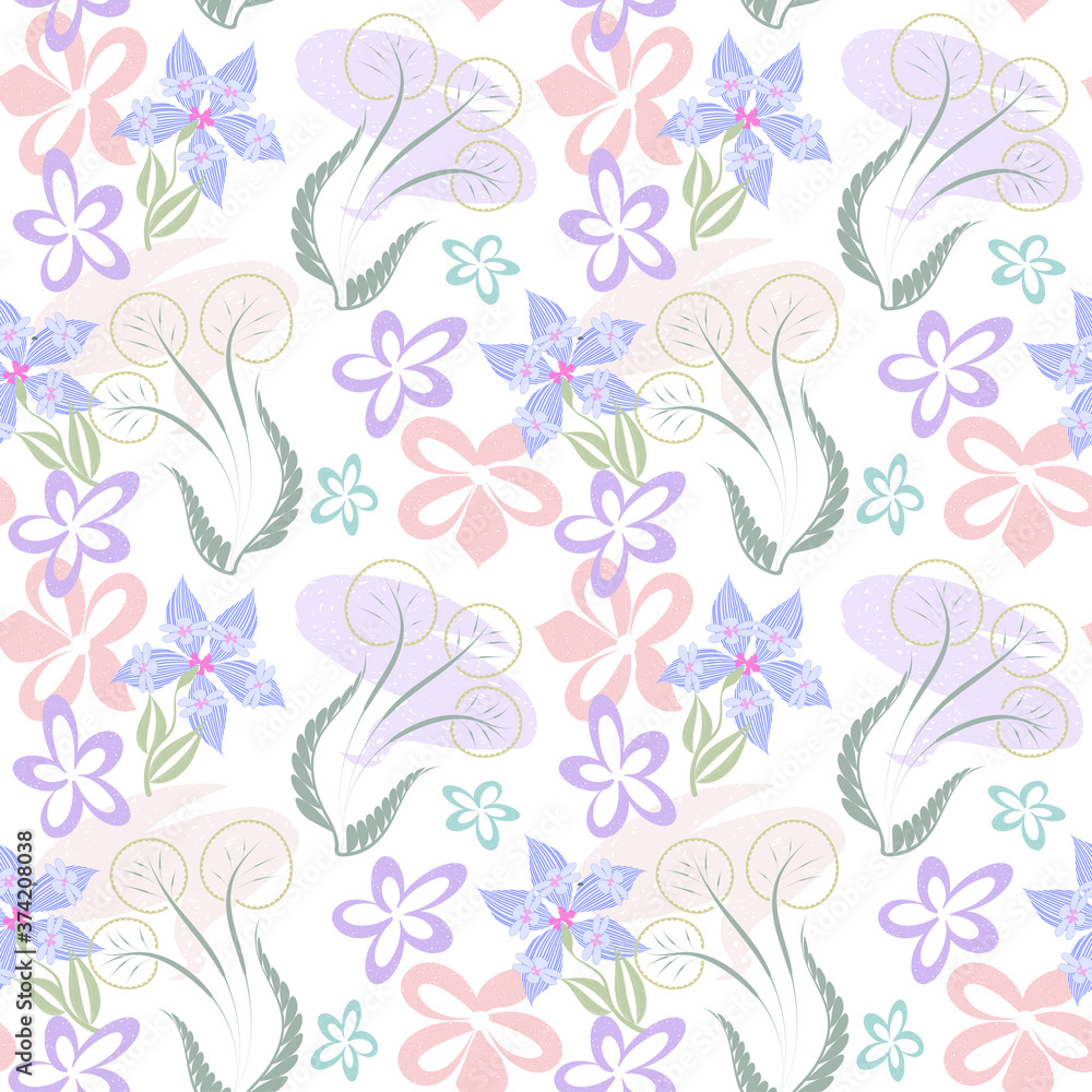 Seamless pattern in pastel colors of decorative flowers, gentle spring background, vector illustration for design of fabric, textile, paper.