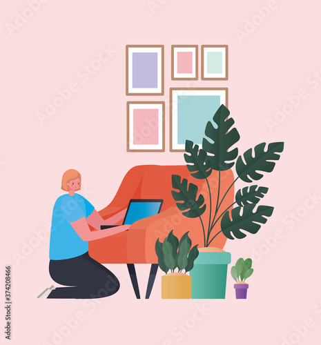 Woman with laptop working on orange chair design of Work from home theme Vector illustration