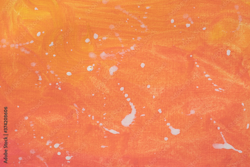 Orange and yellow background with paintbrush stroke effect and white paint splatters. Illustration has blank copy space with room for text and images. Great for backdrops, banners, textile and posters Orange and yellow background with paintbrush stroke effect and white paint splatters. Illustration has blank copy space with room for text and images. Great for backdrops, banners, textile and posters