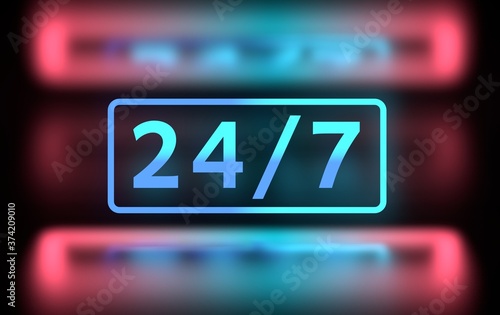 Large bold working, open time, hours 24 7 numbers written in bold glowing blue pink neon light