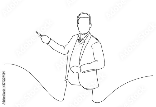 One single line drawing of young presenter explaining business strategy during team meeting. Effective training presentation for work office concept continuous line draw design vector illustration
