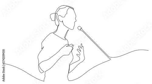 Continuous line drawing business presentation woman trainer talking one single line drawn character politics speaker, business coach speaking before audience Political meeting speech photo