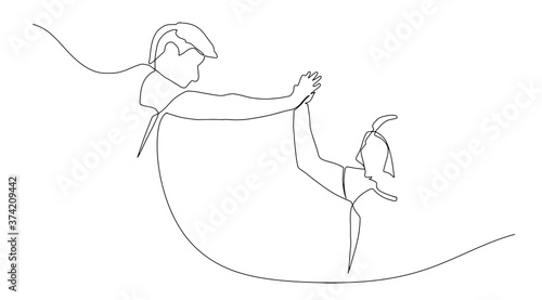 One line drawing of two young happy businessmen celebrating their successive goal with high five gesture together. Business deal concept continuous line draw design graphic vector illustration