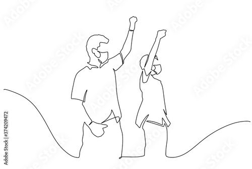 Group of people wearing face mask protesting and giving slogans one line drawing. Group of demonstrators protesting in the city.Protesting on the street with her fist raised in air. Group of protester