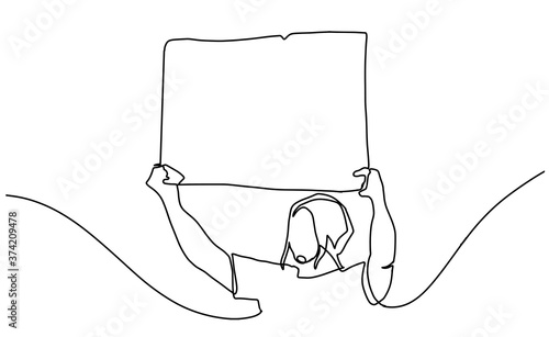 One continuous line drawing of a protester. A standing man in demonstration holding a blank paper roll to aspirate his voice. Activists protest with blank signboard character. Vector illustration