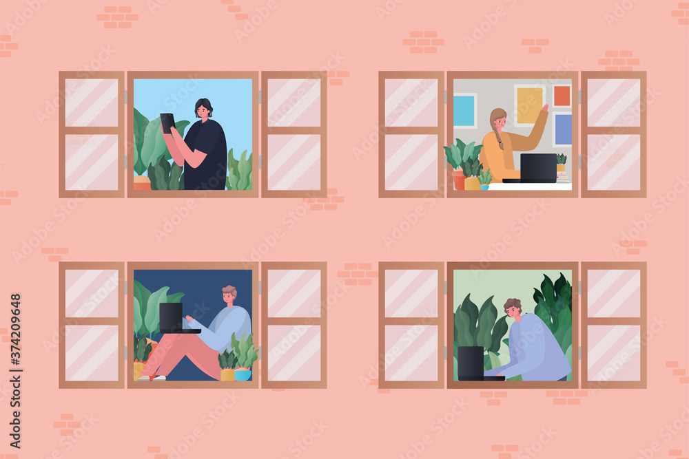 Set of women and men with laptop working at window design of Work from home theme Vector illustration
