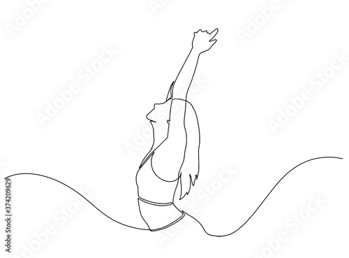 Continuous line drawing of happy woman raising hands. Continuous line art or one line drawing of a woman stretching arms relaxing picture vector illustration. concept of freedom. Beautiful woman