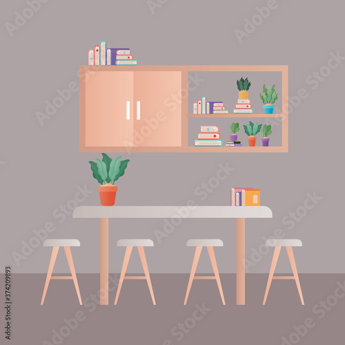 table with chairs in front of furniture design, Home room decoration interior living building apartment and residential theme Vector illustration