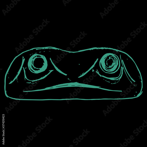 
Stylized funny face of a frog. Native American art of Haida Indians. Hand drawn rough sketch. Green silhouette on black background.