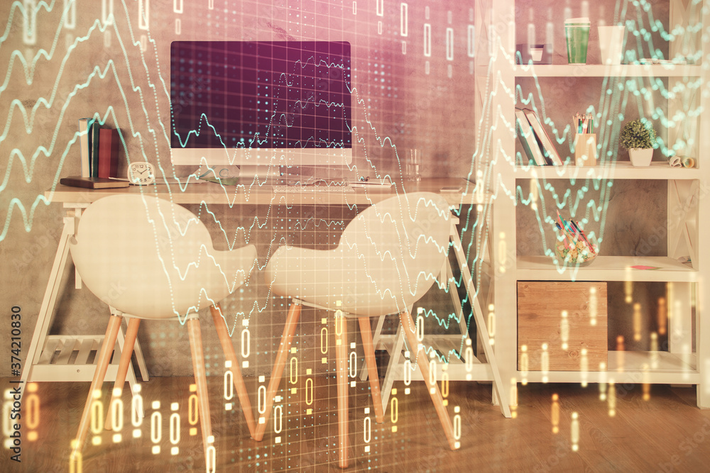 Multi exposure of stock market chart drawing and office interior background. Concept of financial analysis. Multi exposure of stock market chart drawing and office interior background. Concept of financial analysis.