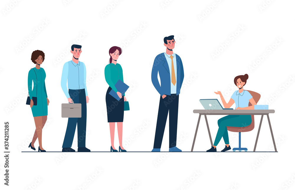 The recruiting department is working. Competition of people for work, queue for an interview in HR Department. Men and women want to get a job. Vector illustration, flat isolated