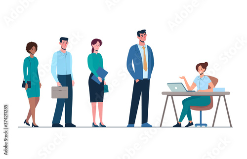 The recruiting department is working. Competition of people for work, queue for an interview in HR Department. Men and women want to get a job. Vector illustration, flat isolated
