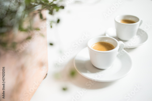 2 Espresso neben Terakottatopf mit Grünpflanze photo