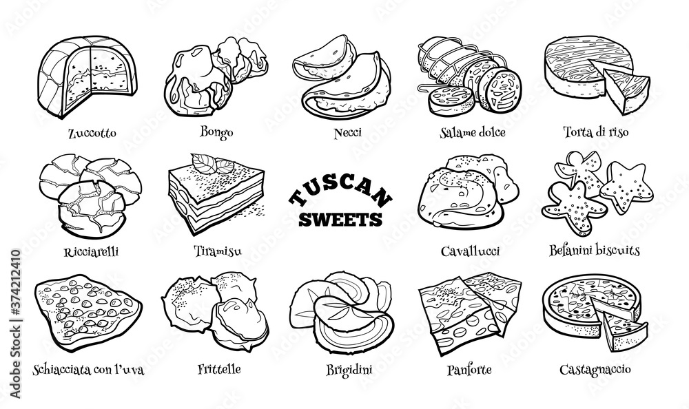 Collection of traditional Tuscan desserts. Hand drawn sketch in doodle style.