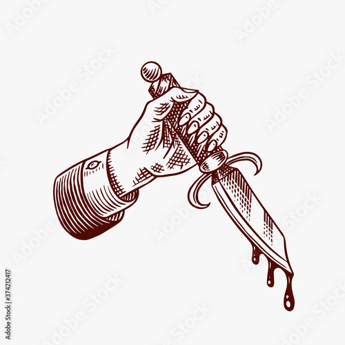 Dagger in hand with blood. for tattoo or label. Engraved hand drawn line art. Vector illustration. Vintage old monochrome sketch.