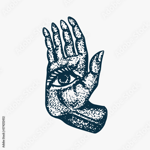 Mystical magic hand. Esoteric or alchemy occult sketch for tattoo. Fate in the palm of your hand. Drawn Engraved illustration.
