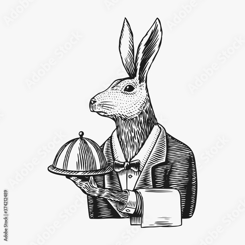Hare waiter with a dish. Rabbit flunky or garcon. Fashion animal character. Hand drawn sketch. Vector engraved illustration for logo, label and tattoo or T-shirts.