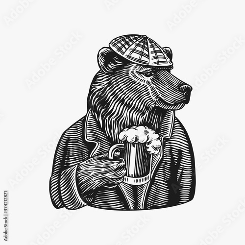 Grizzly Bear with a beer mug. Brewer with a glass cup. Fashion animal character. A wild beast in a newsboy s cap. Hand drawn sketch. Vector engraved illustration for logo and tattoo or T-shirts.