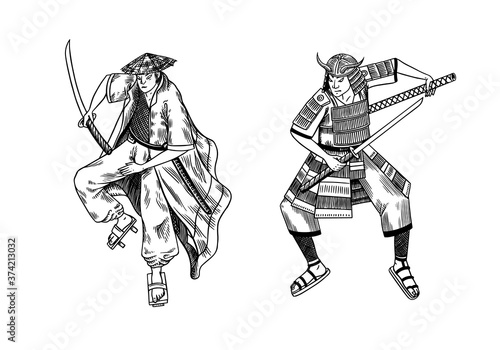 Japanese samurai warriors with weapons sketch. Men in a fight pose. Hand drawn vintage sketches. Vector illustration in monochrome style.