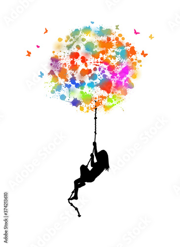 The girl climbs up the rope. Vector illustration. Never give up.