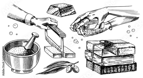 Bubble Bath soap set. Washing hands in vintage style. Homemade packaging. Foam production process. Organic cosmetic, natural lather. Drawn a monochrome engraved sketch for spa label or banner.