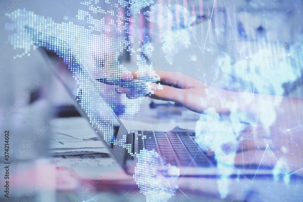Multi exposure of woman hands typing on computer and financial graph hologram drawing. Stock market analysis concept. Multi exposure of woman hands typing on computer and financial graph hologram drawing. Stock market analysis concept.