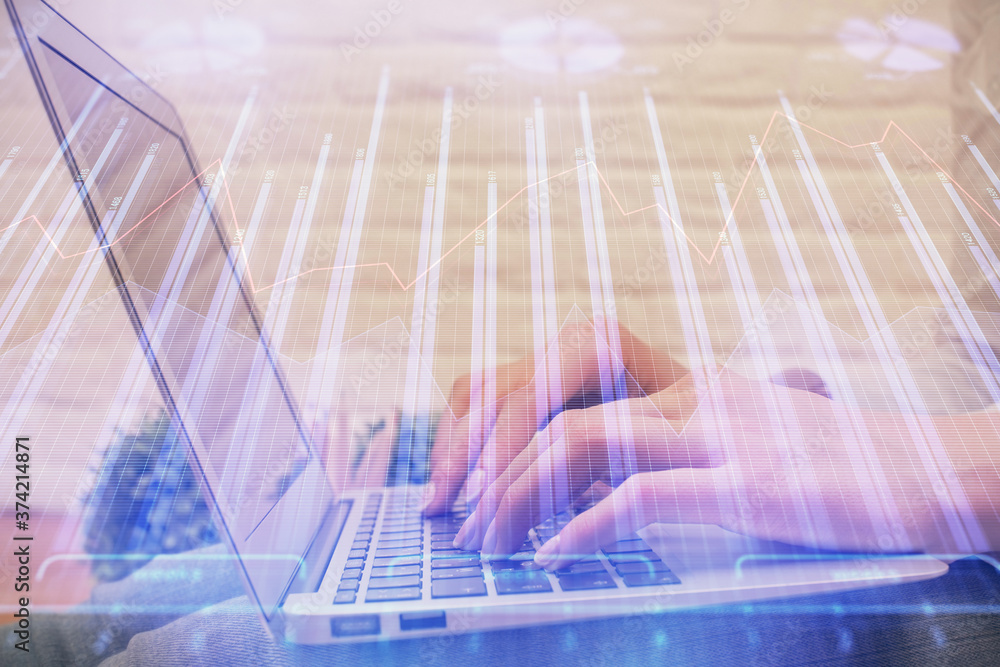 Multi exposure of woman hands typing on computer and forex chart hologram drawing. Stock market analysis concept. Multi exposure of woman hands typing on computer and forex chart hologram drawing. Stock market analysis concept.