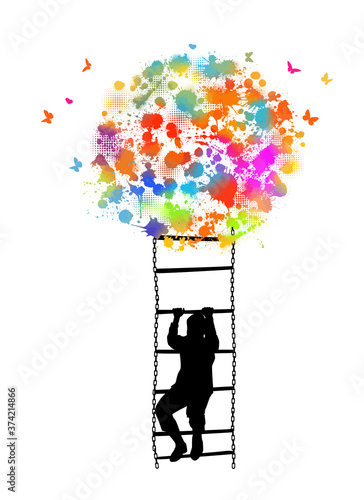 The child climbs up the rope ladder. Vector illustration