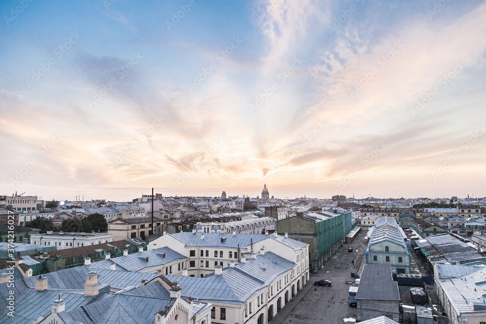 Sunset  rooftop cityscape  of Saint Petersburg