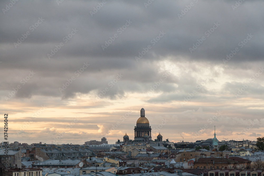Sunset citycape of Saint Petersburg with dome of Saint Isaac's cathedral