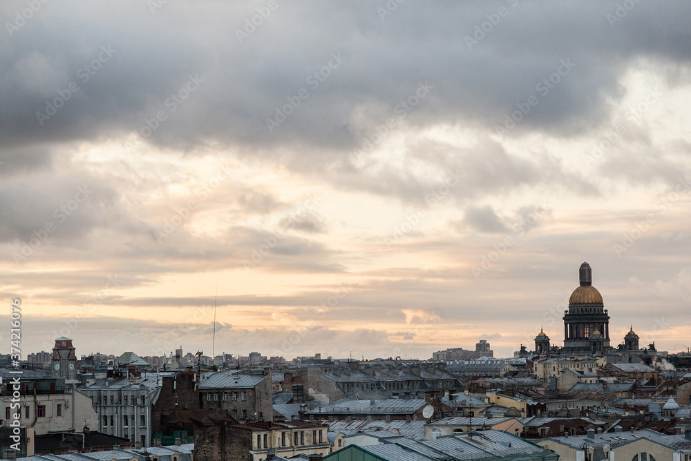 Sunset citycape of Saint Petersburg with dome of Saint Isaac's cathedral