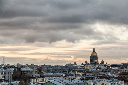 Sunset citycape of Saint Petersburg with dome of Saint Isaac's cathedral