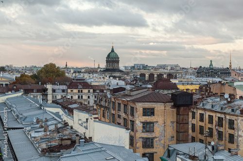 Sunset rooftop cityscape of Saint Petersburg with view on Saint Isaac s and Kazan cathedrals