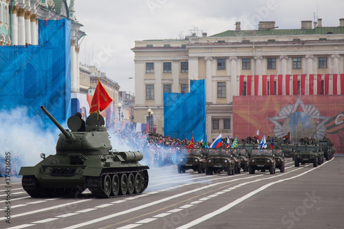 Soviet tank T-34 at the Victory Day parade on Palace Square in St. Petersburg