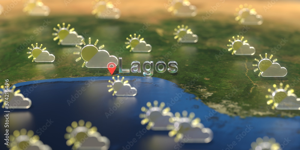 Partly cloudy weather icons near Lagos city on the map, weather forecast related 3D rendering