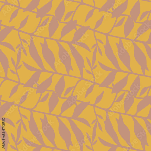 Seamless doodle pattern with floral leaves ornament. Autumn stylistic with orange background and pastel foliage.