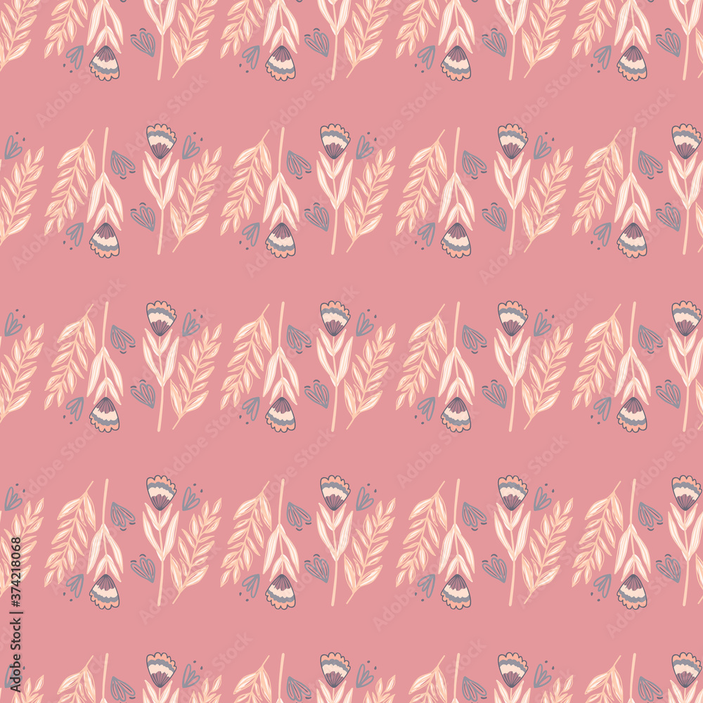 Orange outline forest bouquets ornament seamless pattern. Little botanic elements on pink background.