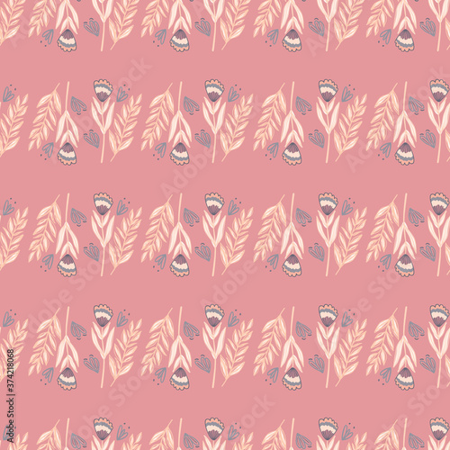 Orange outline forest bouquets ornament seamless pattern. Little botanic elements on pink background.