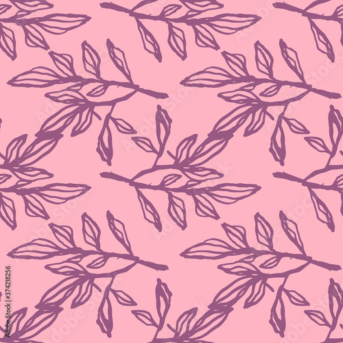 Purple contoured branches with foliage. Pink background. Floral simple backdrop.