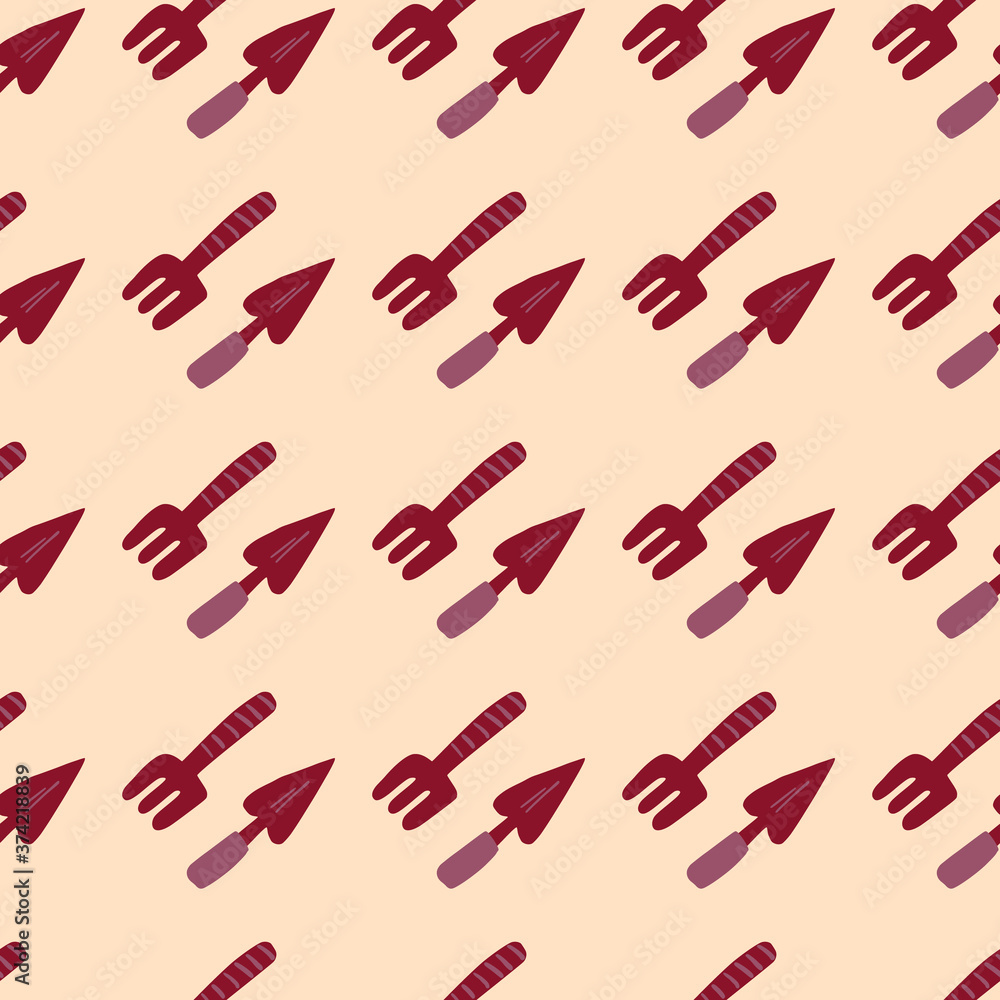 Contrast seamless pattern with garden tools. Shove and rake elements in red color on light pink background. Contrast seamless pattern with garden tools. Shove and rake elements in red color on light pink background.
