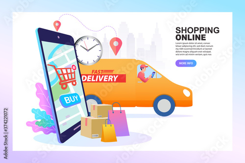 Smartphone displaying shopping cart map route next to delivery van and packages. Concept of mobile online shopping app, fast e-commerce logistics, real-time order tracking, and digital retail service.