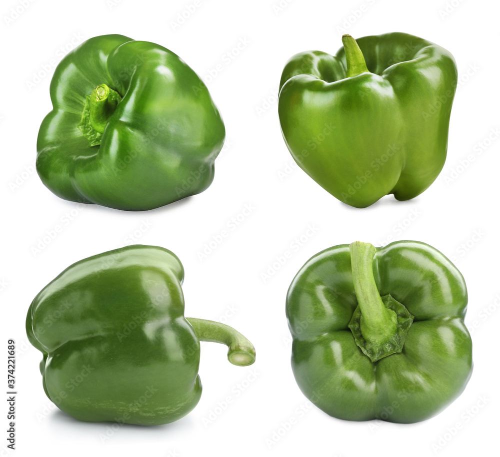 Set of fresh green bell peppers isolated on white Set of fresh green bell peppers isolated on white