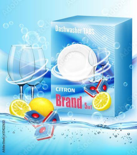 Two clean glasses  in soap foam and bubblies and packing with dishwasher detergent tabs with scent of citron . Realistic dishware  for dishwashing detergent advertising design. Vector