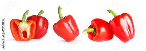 Set of red bell peppers on white background. Banner design