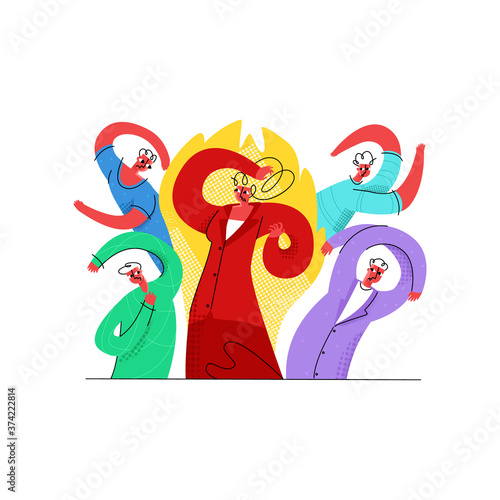 Vector flat angry woman who yells in rage at her colleagues, subordinates, men against abstract background fire. Concept emotional burnout, anger, psychological problems, intemperance, PMS, menopause.
