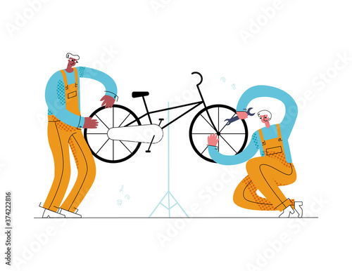 Vector flat isolated illustration of two men, workers who repair Bicycle. Concept repairing street transport and bicycles. It can be used in web design, banners, advertising, etc.