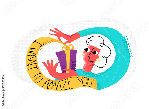Vector flat illustration with isolated lettering of words, I want to amaze you, and image of happy woman who opens gift. Concept celebration, birthday, practical jokes, jokes, greetings, new year.